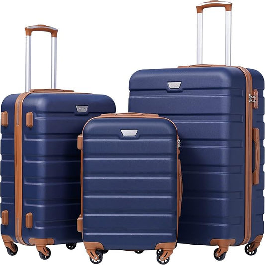 Coolife Luggage 3 Piece Set Suitcase Spinner Hardshell Lightweight TSA Lock (apricot navy,20/24/28)