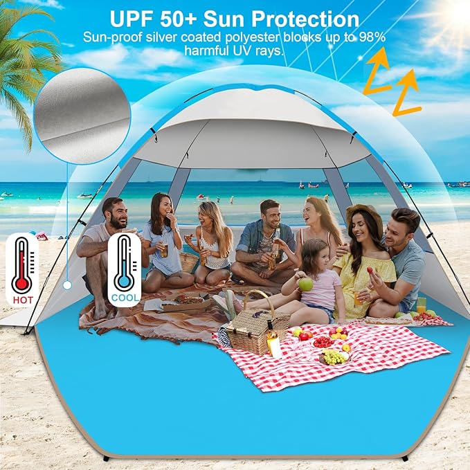 Gorich Beach Tent Sun Shelter for 3/4/6/8/10 Person with UPF 50＋ UV Protection, Lightweight & Easy Setup Beach Shade Canopy, Portable Beach Shade Tent Beach Cabana
