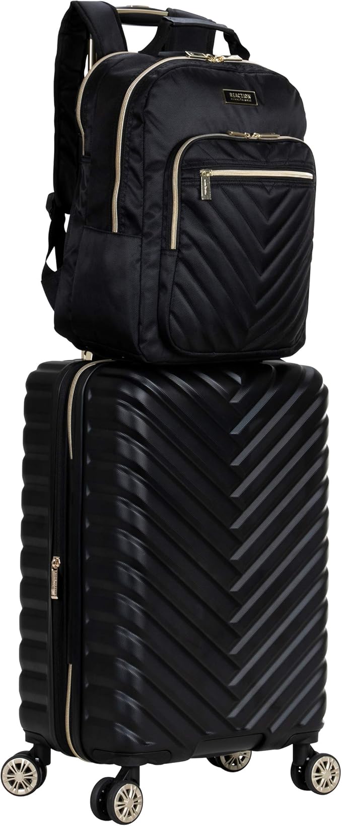Kenneth Cole REACTION マディソン スクエア 軽量 ハードサイド シェブロン 拡張可能 スピナー ラゲージ、ブラック、2点セット（20インチ機内持ち込み用 + バックパック）