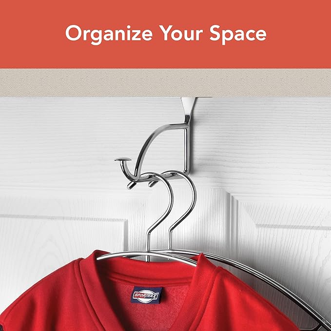 Spectrum Stratford Chrome Over The Door Hook Valet for Hanging Clothes Towels Robes, Easy Hang Sturdy Steel Door Hanger for Closet Bedroom Bathroom Laundry Room Door, Fits Doors Up to 1.3” Thick