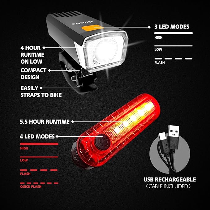 Kunhe USB-C Rechargeable Bike Lights Front and Rear(2or4or10or20 Packs) Night Riding for Kids &Adults 3 Lights Modes Used as a Safety Indicator Light for Skateboards Strollers and Wheelchairs
