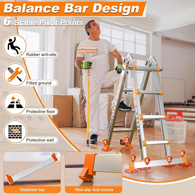 Telescoping A-Frame Ladder- 14FT Folding Extension Ladder with Wheels & Stabilizer Bar, 330lb Security Load Multi Position Ladders for Stairs Home Indoor Outdoor Roof