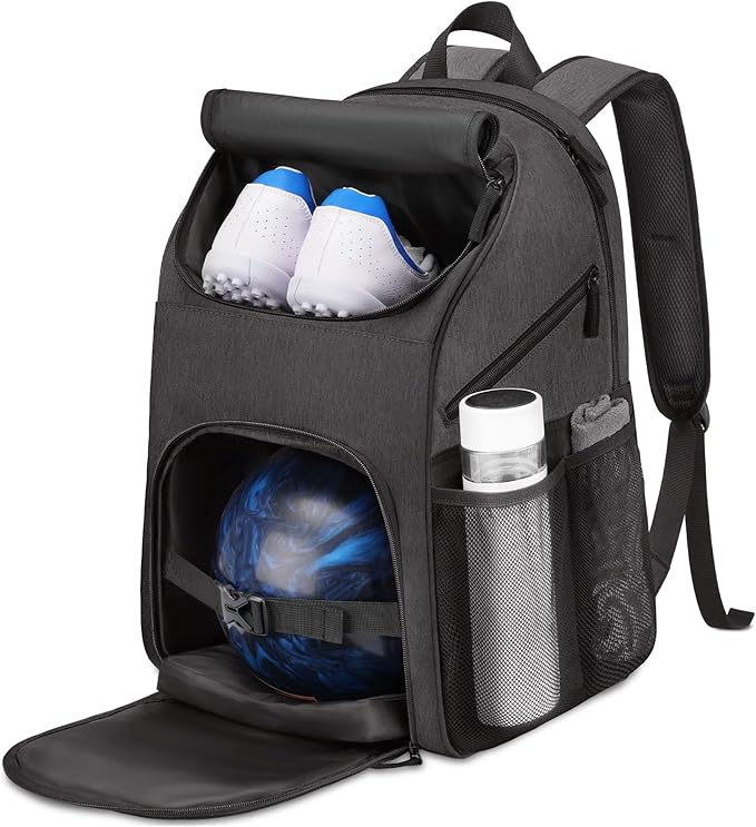 Bosynoy Bowling Backpack, Bowling Ball Bag Totes for Single Ball with Shoe Compartment & Foam Padded, Fits Shoes Up to US Mens Size 16, Grey