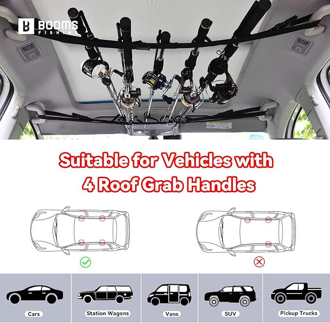 Booms Fishing VRC Vehicle Rod Carrier, Car Fishing Rod Holder, 2 Nylon Straps Adjustable Range 31.5 "-59", Fishing Pole Roof Rack Store 5 Poles Max, For vehicles with 4 Roof Grab Handles Only