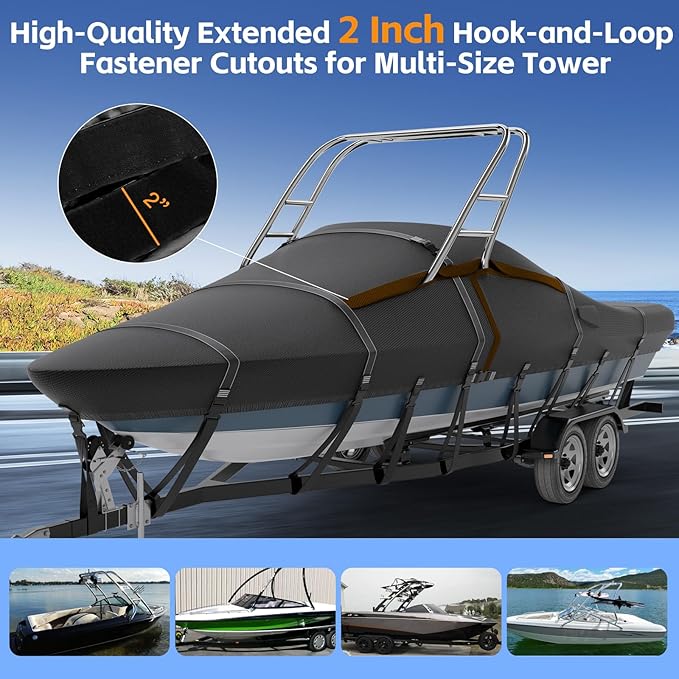 Tuszom 1200D 100% Waterproof Ski & Wakeboard Tower Boat Cover Tear-Proof Trailerable Full Size Boat Cover for Boats with Ski Or Wakeboard Towers (Black, 22'-24'L, Beam Width to 116" W)