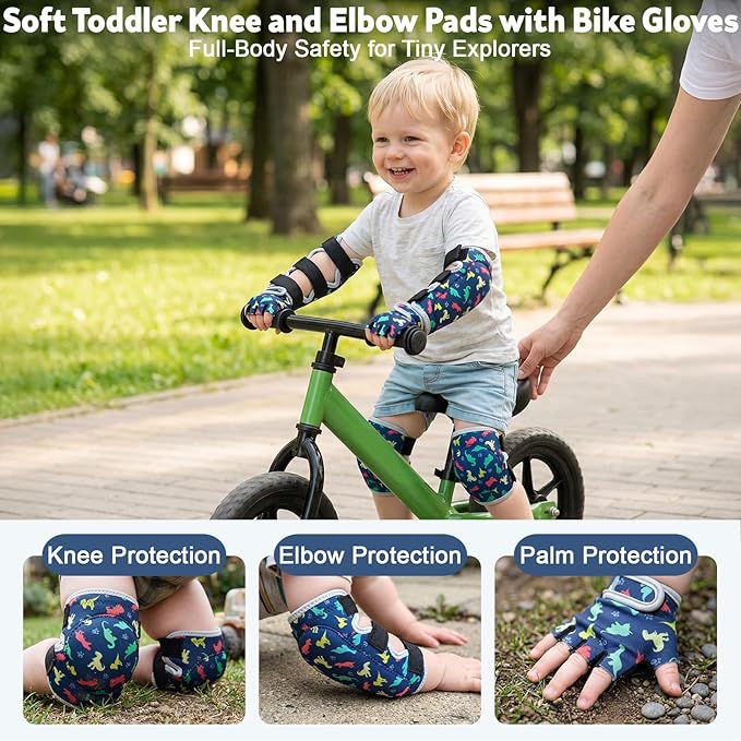 Soft Toddler Knee Pads and Elbow Pads Set with Bike Gloves, Non-Slip Toddler Knee Pads for Boys Girls 2-4 Years, Breathable Kids Protective Gear for Balance Bike, Scooter, Bicycle