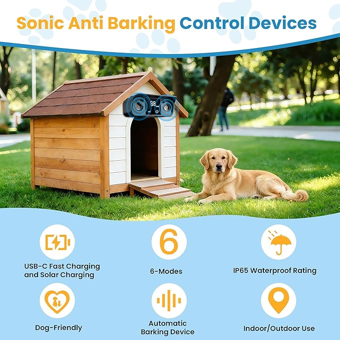 Anti Barking Devices for Dog, Solar Ultrasonic Dog Bark Deterrent Devices,Outdoor Waterproof Bark Deterrent with 50ft Range for Indoor/Outside Use