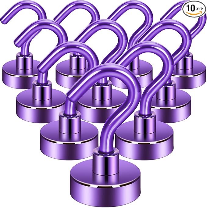Neosmuk Magnetic Hooks, Heavy Duty 30lb+ Strong Magnet Hook for Cruise Cabins, Cruise Ship Essentials for Hanging, Metal Wall Refrigerator Hangers (Purple, 10 Pack)