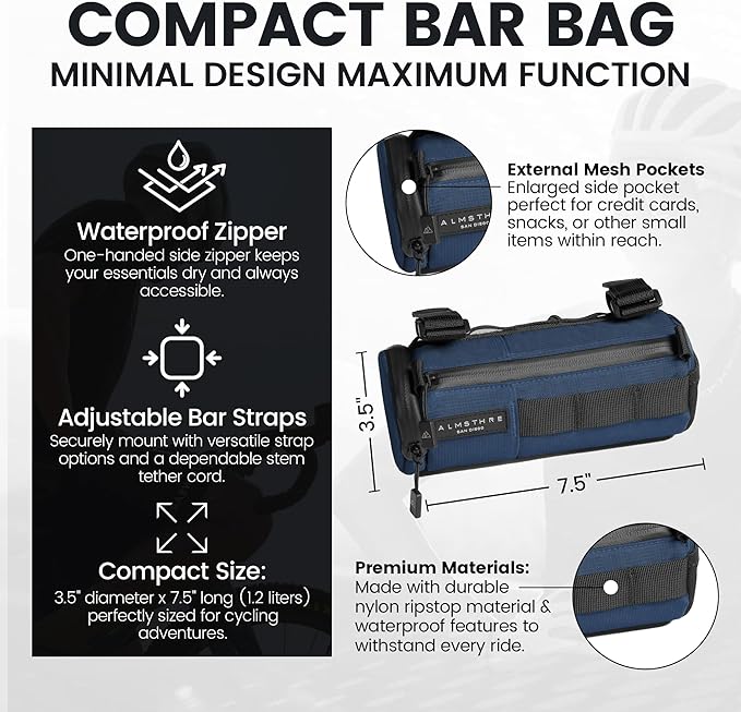 ALMSTHRE Compact Bar Bag – Cosmic Blue | Hard-Shell Bike Handlebar Bag with Waterproof Zipper & Adjustable Straps | Lightweight Bicycle Handlebar Bag, Compatible with Road, Gravel & MTB Bikes