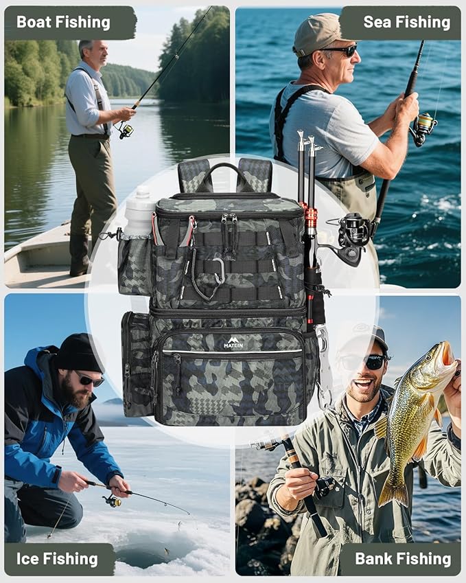 MATEIN Fishing Backpack with 4 Tackle Boxes, Fishing Bag with Rod Holder & Safety Compass & Cooler, Gifts for Fishermen
