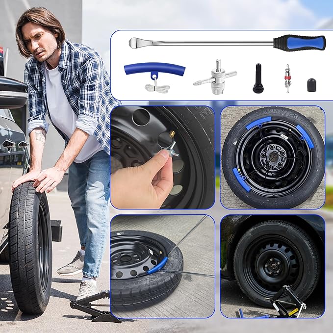 HTOMT 14.5" Tire Spoon Kit, 26pcs Tire Changing Tool for Motorcycle Dirt Bike Lawn Tractor Bicycle, Motorcycle Tire Changer Tire Removal Tool with 3pcs Rim Covers 6pcs Valve Tool Valve Cores (Blue)