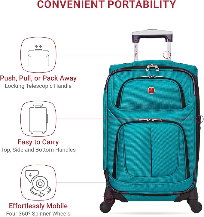 SwissGear Sion Softside Expandable Luggage – Carry-On Suitcase with 360 Degree Wheels & Retractable Handle – 21 Inch, Perfect for 1-3 Night Trips – Teal