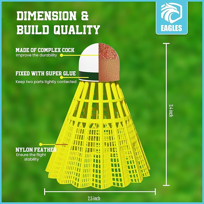 EAGLES Badminton Birdies - Nylon Bedminton Shuttlecocks for Softball/Baseball Batting Training - Highly Stable & Durable 24 Pack, 12 Pack or 6 Pack Shuttle Balls for Indoor and Outdoor Matches