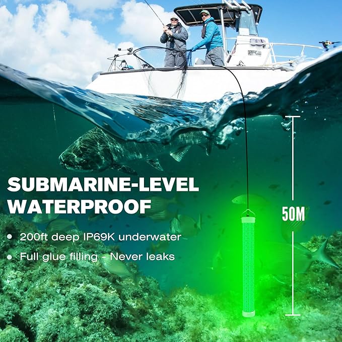 Goldlife Underwater Fishing Light with 100ft Cable, 400W 40000LM GFCI Safety Plug Brightness Green LED Submersible Light Attractants for Docks/Boats/Kayaks, IP69K Rated for Fresh & Salt Water