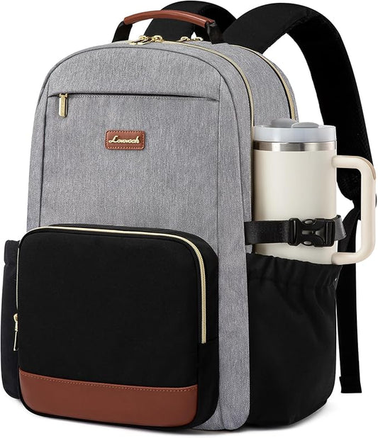 LOVEVOOK Laptop Backpack for Women with Pouch Pocket for Large Capacity Cup,15.6 Inch Teacher Nurse College Work Backpack Purse,Waterproof Laptop Bag Computer Back Pack for Travel, Grey-Black-Brown