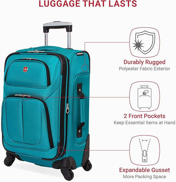 SwissGear Sion Softside Expandable Luggage – Carry-On Suitcase with 360 Degree Wheels & Retractable Handle – 21 Inch, Perfect for 1-3 Night Trips – Teal