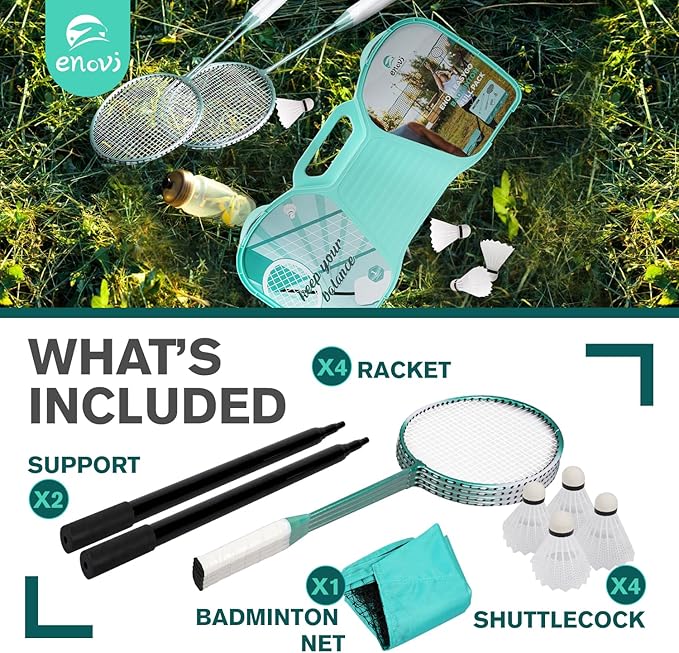 EasyGo Badminton Set, with Net, 4 Racket, 4 Birdies, Portable Storage Box, for Backyards, Outdoor Games, Yard Games