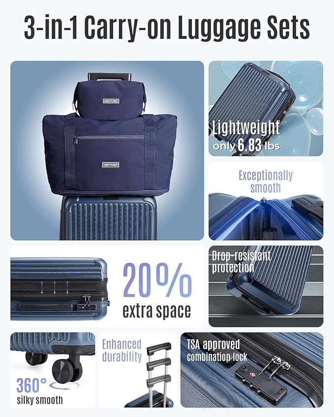 LIGHT FLIGHT 3点セットスーツケース、機内持ち込み可能 拡張機能付き荷物 22x14x9 航空会社承認済み、ハードサイド車輪付き機内持ち込みスーツケース、TSAロック付き旅行用荷物セット、ロイヤルブルー