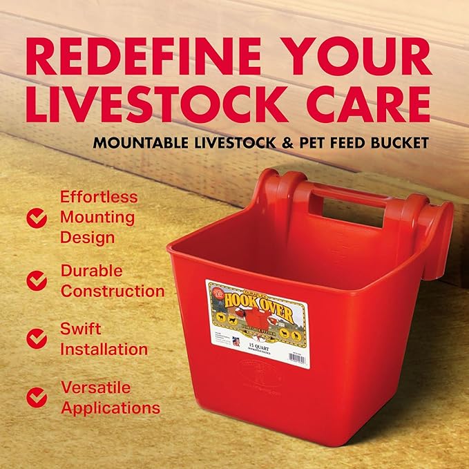 Little Giant® Plastic Hook Over Feeder | Mountable Livestock & Pet Feed Bucket | Horse Feed Bucket | Made in USA | 15 Quarts | Red