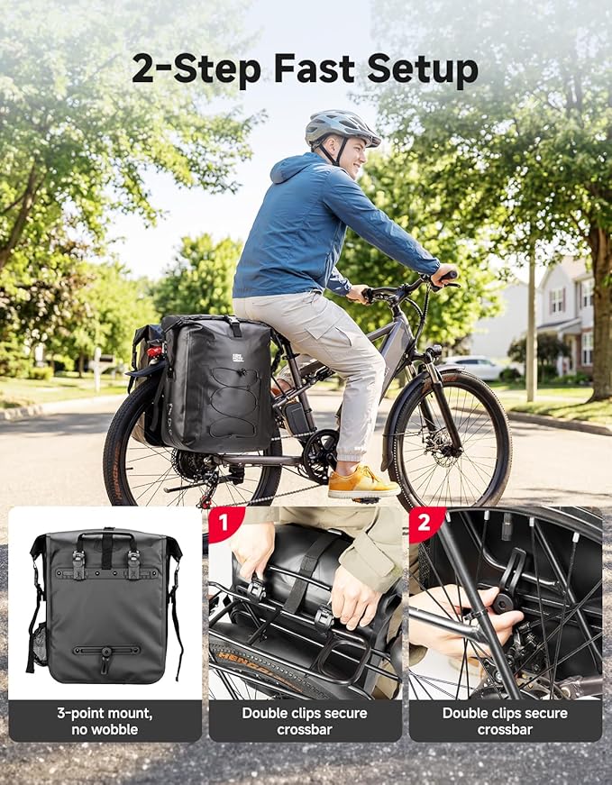 KEMIMOTO Bike Pannier Waterproof 2-Pack, 60L Bicycle Saddle Bag for Rear Rack, Side Storage Bag with Laptop Compartment & Reflective, PVC Air-Tight Material – Commuting Touring Grocery Shoulder Carry
