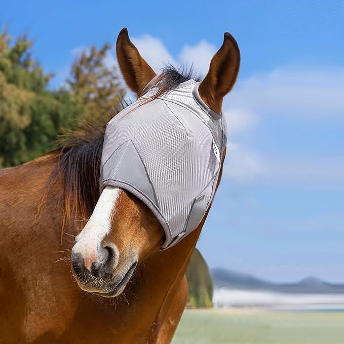 Raelitego Horse Fly Mask, Adjustable Fly Masks for Horses Without Ears, UV Protection from Insect Pests Comfort Mesh Without Nose Average Size Horses Accessories (XL)