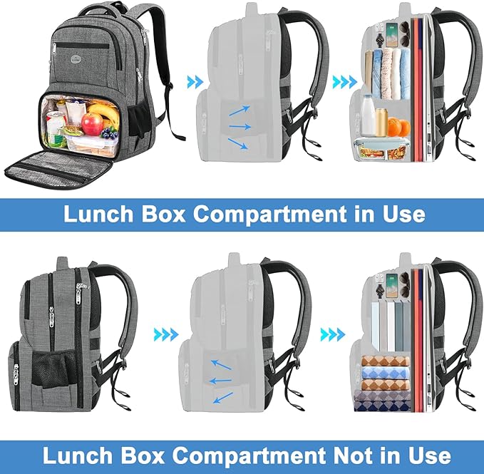 MATEIN Laptop Backpack with Lunch Box, 18 Inch Gray Mens Work Backpack for Office Commute College, Personal Item Insulated Lunch Work Bag for Traveling, Heavy Duty Travel Back Pack with Luggage Strap