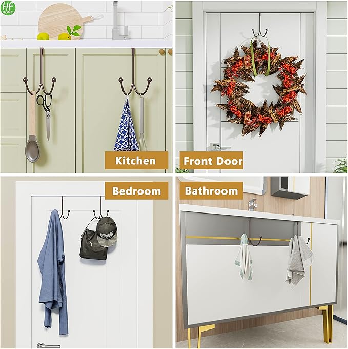HFHOME 2Packs Over The Door Double Hanger Hooks, Metal Twin Hooks Organizer for Hanging Coats, Hats, Robes, Towels- Brown