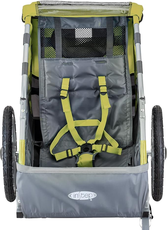 Instep Sync Single Seat Bike Child Trailer, Max Weight 40 lbs., 5-Point Harness, Folding Frame, Quick Release Wheels, Easy Storage, Bug Screen & Weather Shield, Green/Grey