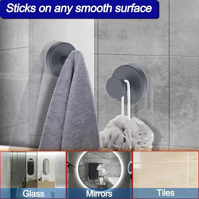 Suction Cup Hooks for Shower, Removable Towel Hooks for Bathroom Window Glass Door Wall, Bath Robe Looafh Hook for Hanging - 2 Pack, Grey1