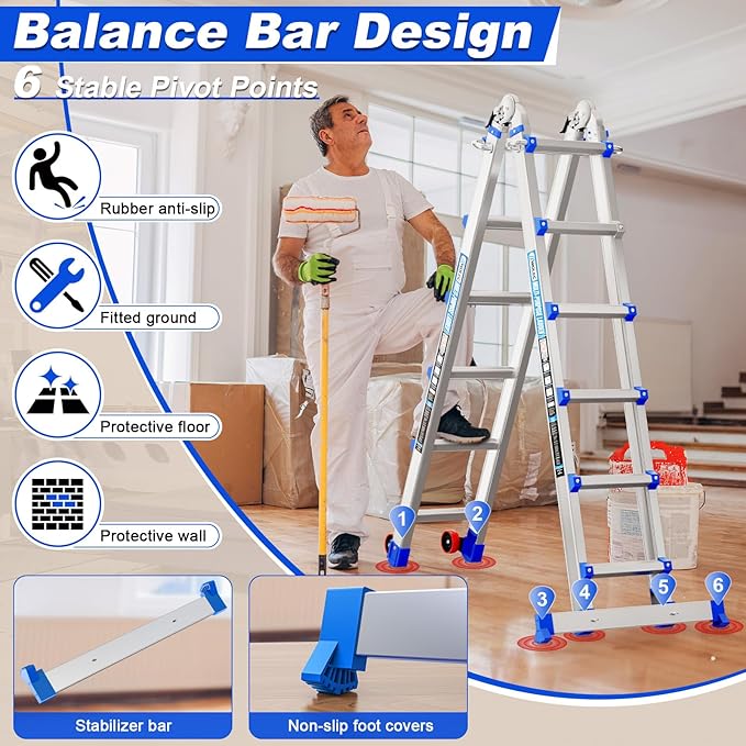 Telescoping A-Frame Ladder- 20FT Folding Extension Ladder with Wheels & Stabilizer Bar, 330lb Security Load Multi Position Ladders for Stairs Home Indoor Outdoor Roof