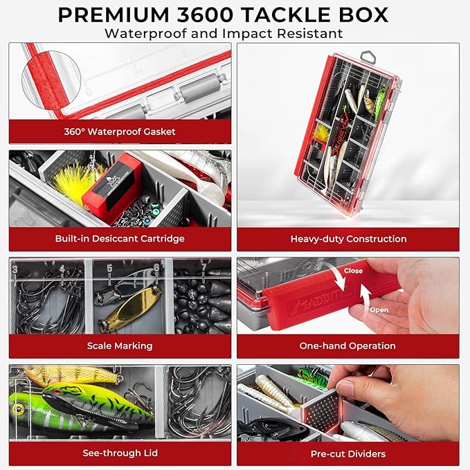 MadBite by KastKing 182/265/400pcs Compact Fishing Tackle Kit - All-in-One Freshwater Hooks, Weights, Bobbers in Tackle Box, Fishing Gear Set for Bass Trout Panfish