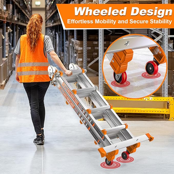 Telescoping A-Frame Ladder- 14FT Folding Extension Ladder with Wheels & Stabilizer Bar, 330lb Security Load Multi Position Ladders for Stairs Home Indoor Outdoor Roof