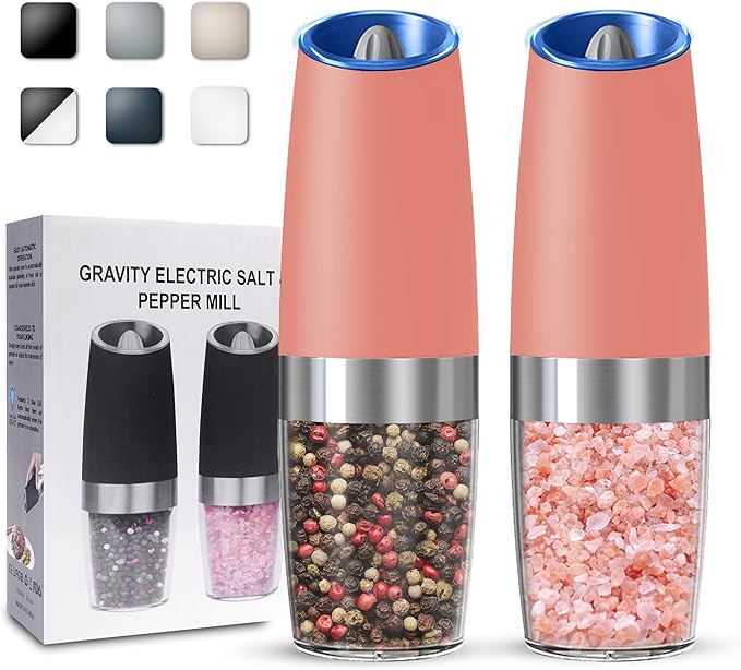 Gravity Electric Salt and Pepper Grinder set of 2, Automatic Salt And Pepper Grinder Set, Adjustable Roughness, Battery Powered, LED Light, 2 Pack, (Pink)