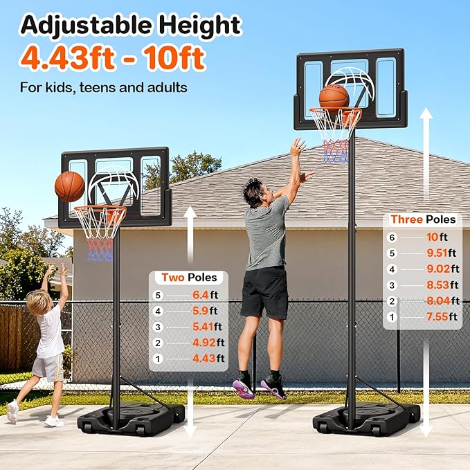 Basketball Hoop Outdoor 10ft Adjustable, Portable Basketball Hoop Goal System for Kids Youth and Adults in Backyard/Driveway/Indoor, 44 Inch Shatterproof Backboard and Larger Base
