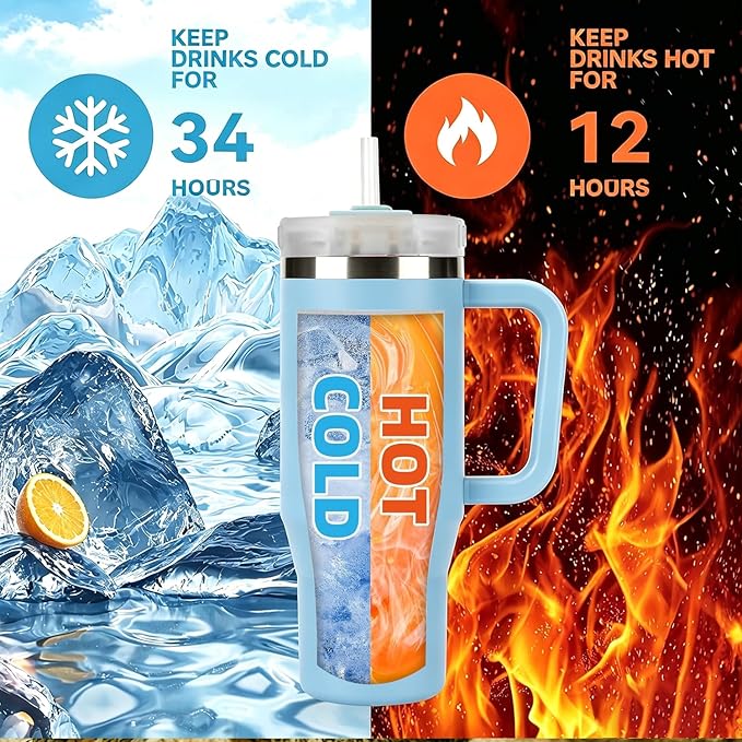 TYESO Vacuum Insulated Tumbler Water Bottle Cold Insulation Stainless Steel Bottle Straw Handle Mug Double Wall Wide Mouth (SKY BLUE, 40 oz)