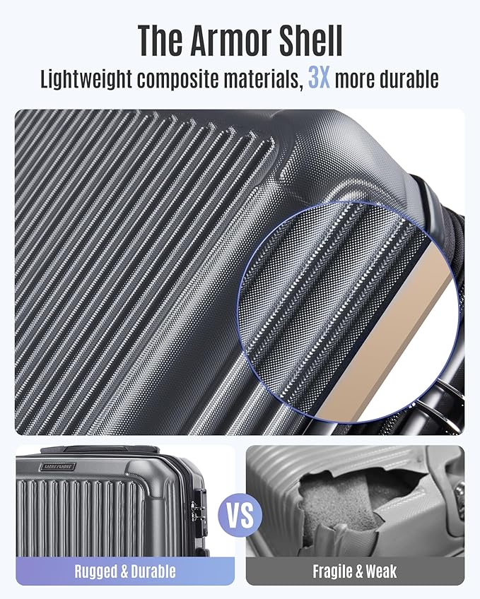 LIGHT FLIGHT 機内持ち込みスーツケース 22x14x9 航空会社公認、耐久性のあるハードシェル機内持ち込みスーツケース（車輪付き）、拡張可能なハードサイド軽量旅行用スーツケース（TSAロック付き）20インチ、グレイシャーグレー