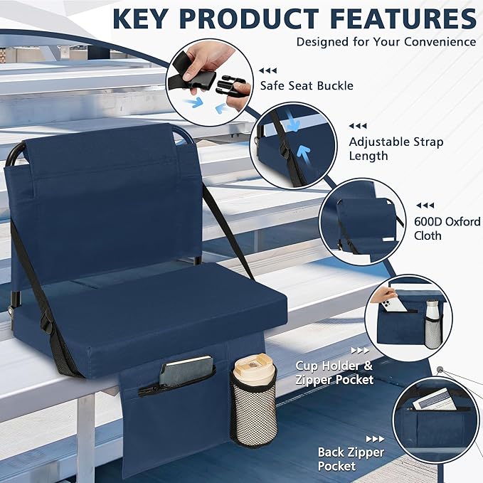 Stadium Seats for Bleachers 2 Pack w/Back Support Bleacher Seat Soft Cushion Light Weight with Shoulder Strap & Cup Holder, Front & Back Zipper Pocket, Suitable for Sports Events,Navy