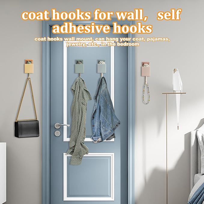 4Pcs Cute Self Adhesive Towel Hooks -Max Load 10LB,Heavy Duty Utility Wall Hooks for Hanging for Coat, Towel,Scarf, Hat, Robes,Key and Other Items,Creative Kawaii Room Decorative Cat Hook