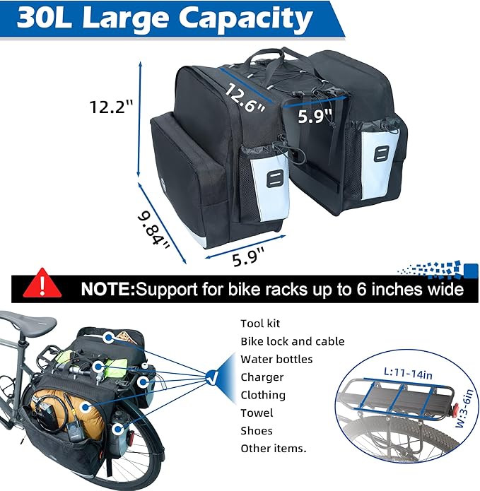 Bike Saddle Bags for Rear Rack, 30L Large Capacity Bike Panniers, Waterproof Double Bicycle Trunk Bag with Reflective Strips, Bike Accessories for Road Mountain Cycling Traveling Commuting