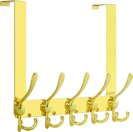 SKOLOO Over The Door Hook - for Doors up to 1-3/4'' Thickness, Metal Door Hanger with 5 Triple Hooks, Over The Door Hanger for Coats, Hats,Towels, Gold, Assembly Required