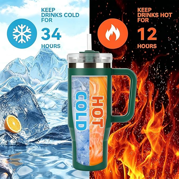 TYESO Vacuum Insulated Tumbler Water Bottle Cold Insulation Stainless Steel Bottle Straw Handle Mug Double Wall Wide Mouth (DARK GREEN, 30 oz)