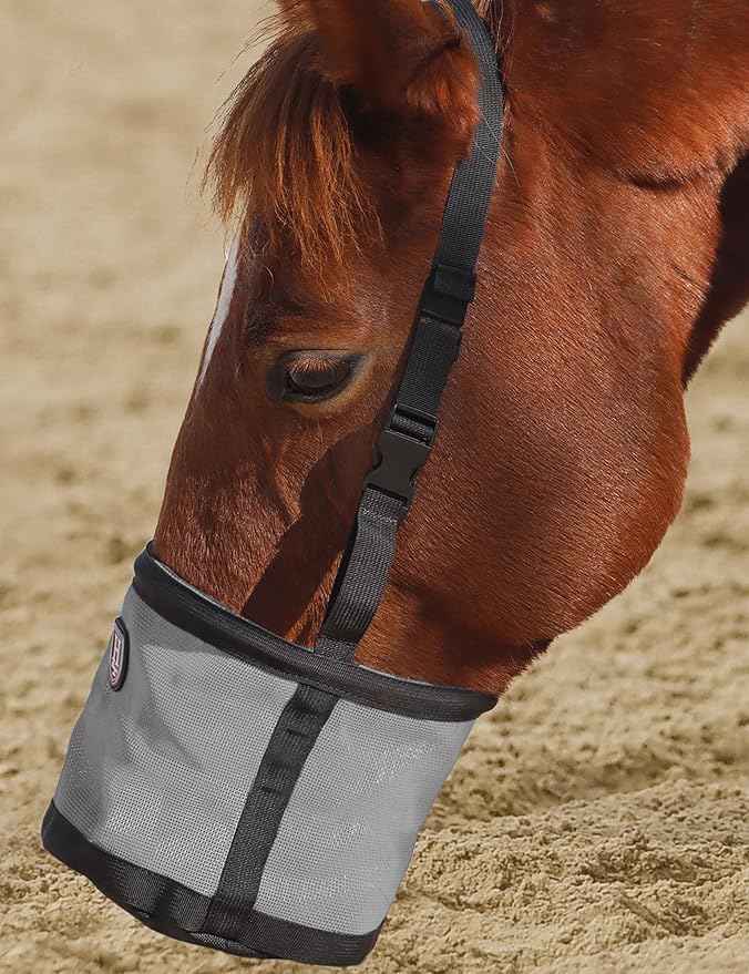 Harrison Howard Horse Muzzle Feed Bag Nylon Mesh Grain Feed Bag with Padded Neck Strap Adjustable Belt Dark Gray Medium
