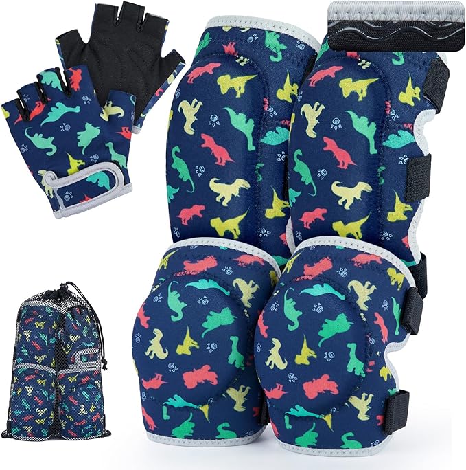 Soft Toddler Knee Pads and Elbow Pads Set with Bike Gloves, Non-Slip Toddler Knee Pads for Boys Girls 2-4 Years, Breathable Kids Protective Gear for Balance Bike, Scooter, Bicycle