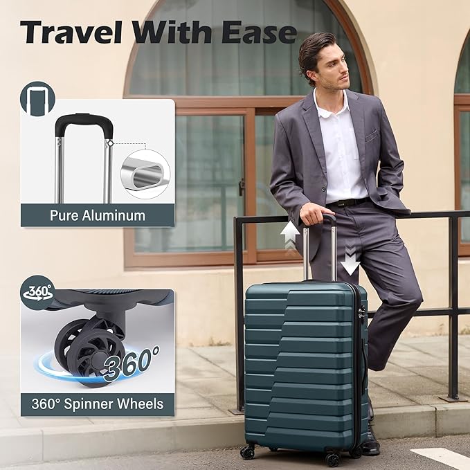 Coolife Larage Luaggage Hardside Expandable Suitcase with Spinner Wheels Checked 28-Inch（Teal Blue）