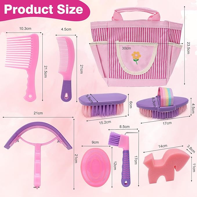 Horse Grooming Kit, Horse Brushes for Grooming Supplies Set with Organizer Bag, Horses Tack Brush Set for Effective Grooming and Cleaning, Gift for Horse Riders Beginners, Pink