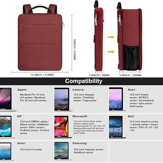 ZINZ Slim & Expandable Laptop Backpack 15 15.6 16 Inch Sleeve, Spill-Resistant Notebooks Bag Case for Most 14-16 Inch MacBooks Surface-Books Dell HP Lenovo Asus Computers,R01D02