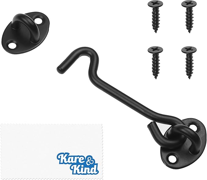 Kare & Kind Hook and Eye Latch (4-inch) - with Mounting Screws - Heavy Duty Locks for Door, Gates, Barns, Bathrooms, Cabins (1-Black)