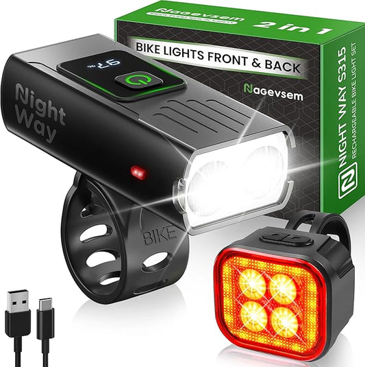 Bike Lights Set, LED Super Bright USB-C Rechargeable Headlight & Taillight, Waterproof Front & Rear Back Bicycle Light for Night Riding, Road & Mountain Cycling