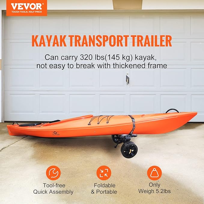 VEVOR Kayak and Canoe Trolley Cart with 10'' Solid Tires，320lbs Load Capacity with Adjustable Brackets and Straps，All-Terrain Durable Kayak Dolly cart