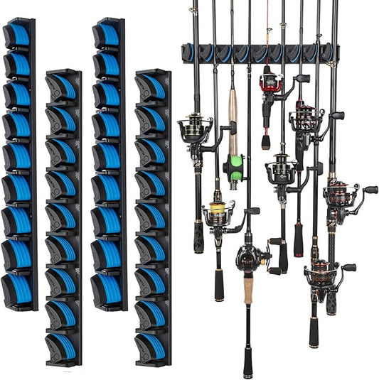PLUSINNO 4 Pack Vertical Fishing Rod Rack, Wall Mounted Fishing Rod holder, 4 Packs Fishing Pole Holders Hold Up to 36 Rods or Combos, Fishing rod holders for garage, Fishing Gear and Gifts for Men